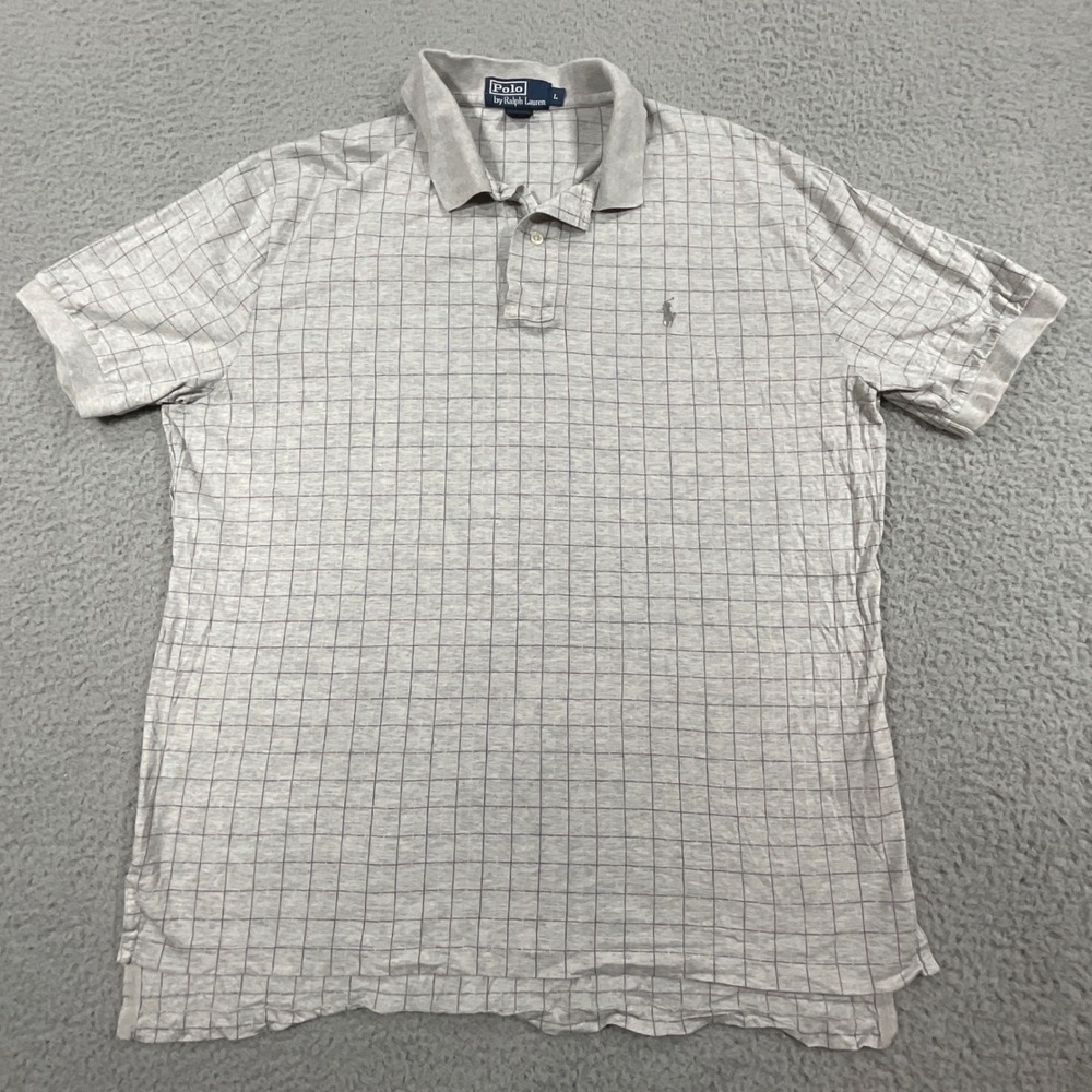 Polo Ralph Lauren Polo Shirt Mens Large Gray Windowpane Check Cotton Preppy